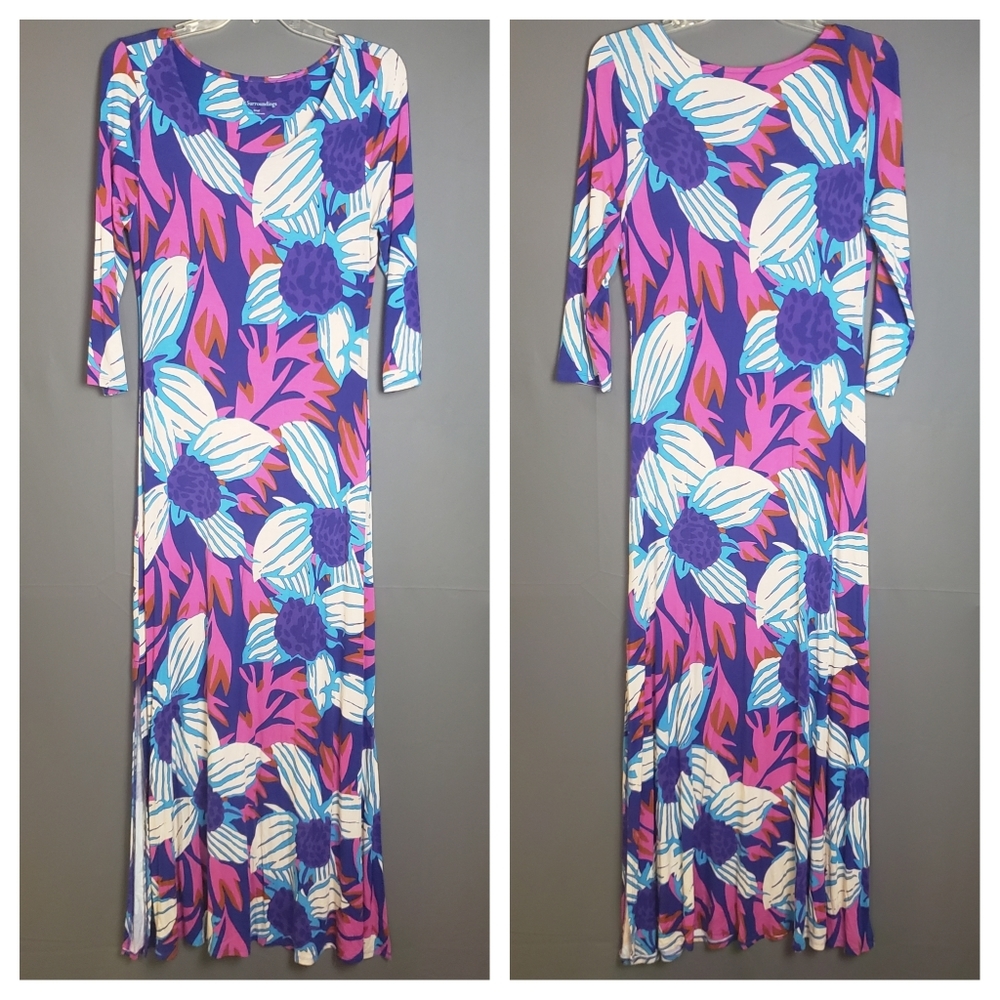SOFT SURROUNDINGS Serena Maxi Dress Sz Small Floral Jersey Knit 3/4 Sleeves